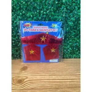 Super Hero Tiara & Gauntlet Set Red Shimmering W/Gold Stars  Costume Accessory